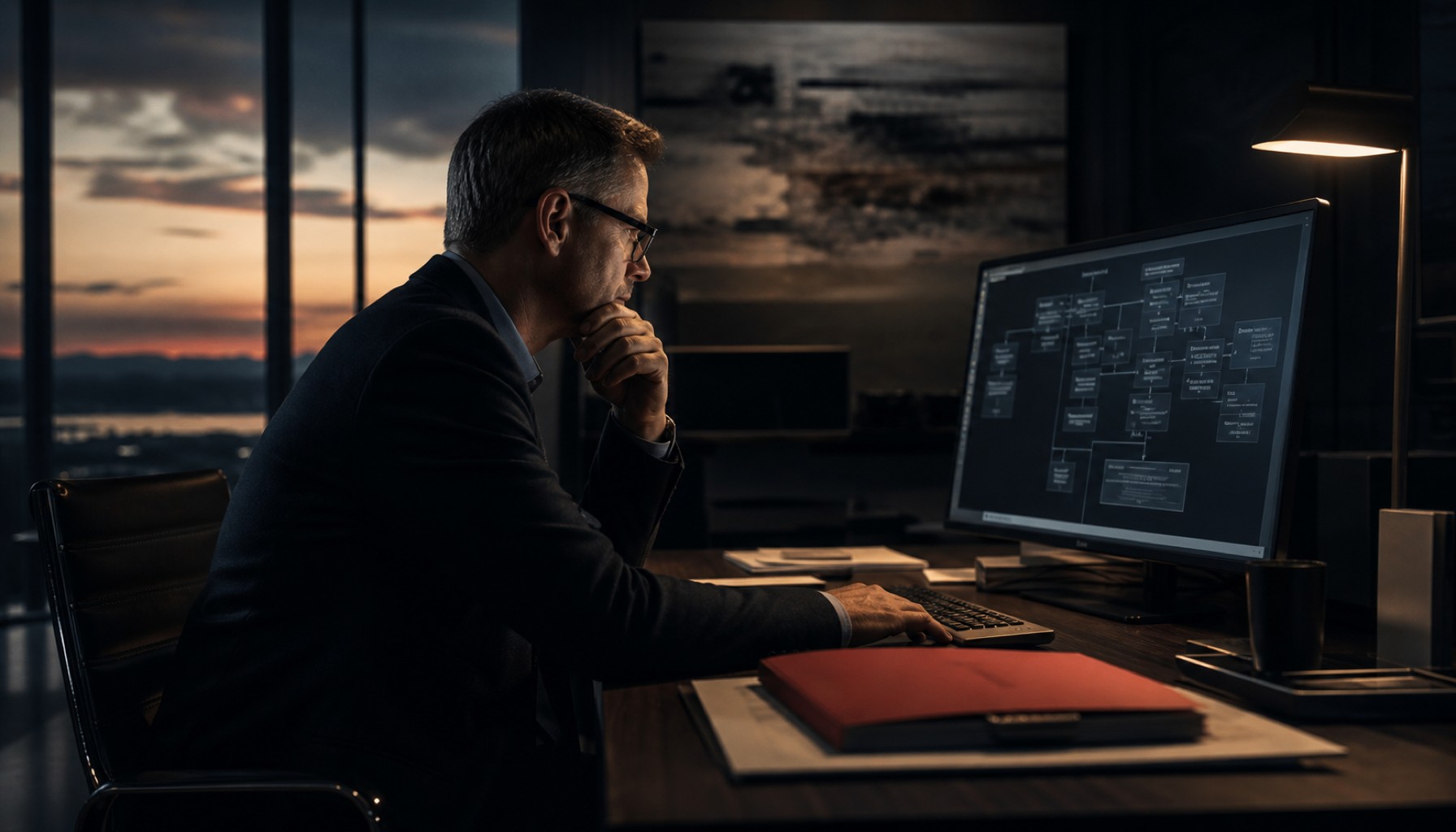 CIO examine l'architecture des données sur écran dans une esthétique boardroom sobre